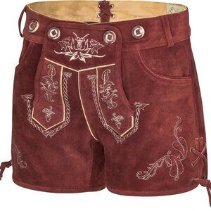 NWT Schoneberger Trachten lederhosen shorts women maroon suede 2 embroidered